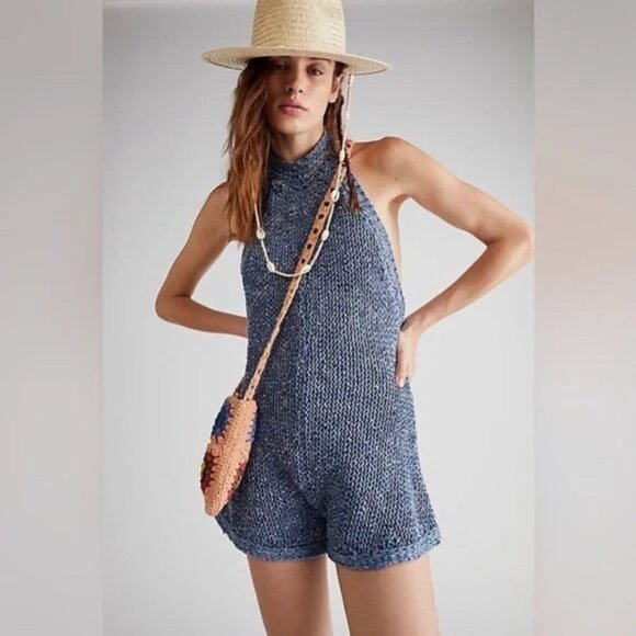 Free People Molly Playsuit Crochet Halter Open Back Romper Blue Ocean Size M - Picture 2 of 14